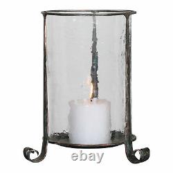 Luxe Rustic Bronze Hammered Glass Hurricane Candle Holder Antique Metal Pillar