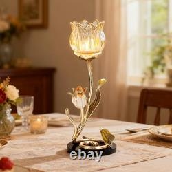 Luxury Crystal Base Glass Flower Candle Holder Gold Plated Zinc Alloy wi