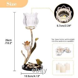 Luxury Crystal Base Glass Flower Candle Holder Gold Plated Zinc Alloy wi