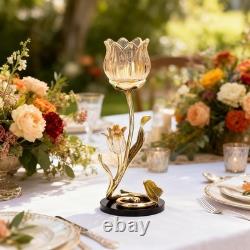Luxury Crystal Base Glass Flower Candle Holder Gold Plated Zinc Alloy wi