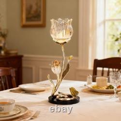 Luxury Crystal Base Glass Flower Candle Holder Gold Plated Zinc Alloy wi