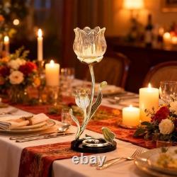Luxury Crystal Base Glass Flower Candle Holder Gold Plated Zinc Alloy wi
