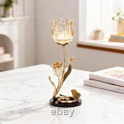 Luxury Crystal Base Glass Flower Candle Holder Gold Plated Zinc Alloy wi