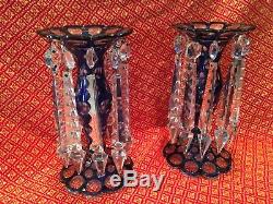 MAGNIFICENT Pair of Blue Overlay Victorian Lusters CANDLESTICK HOLDERS