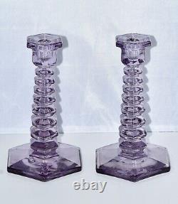 MCM Lavender Stacked Art Glass Candle Stick Holders Set