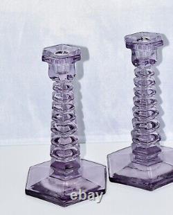 MCM Lavender Stacked Art Glass Candle Stick Holders Set