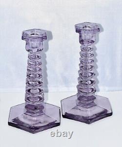 MCM Lavender Stacked Art Glass Candle Stick Holders Set