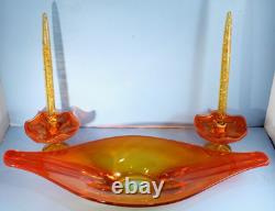 MCM Viking Glass Persimmon 18.5 Console Bowl with 2 Candle Holders & Candles