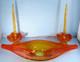 Mcm Viking Glass Persimmon 18.5 Console Bowl With 2 Candle Holders & Candles