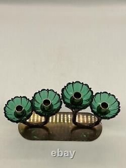 MCM Ystad Metall by Gunnar Ander Rare green glass & brass candle holders Vtg