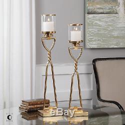 MODERN LARGE AGED METALLIC GOLD METAL CANDELABRA CANDLE HOLDER GLASS CUP TOP