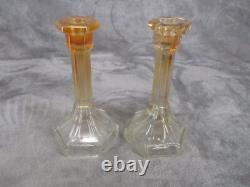 Marigold Iridescent Taper Candle Holder Amber 7 Tall Vintage Decor Set 2 Glass