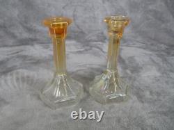 Marigold Iridescent Taper Candle Holder Amber 7 Tall Vintage Decor Set 2 Glass