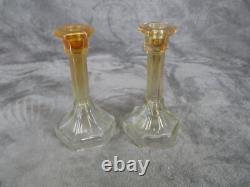Marigold Iridescent Taper Candle Holder Amber 7 Tall Vintage Decor Set 2 Glass