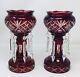 Matching Set 2 Ruby Red Glass Cut To Clear Candle Holders Mantle Lamps Germany