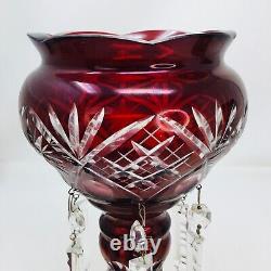 Matching Set 2 Ruby Red Glass Cut to Clear Candle Holders Mantle Lamps Germany