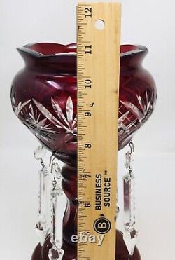 Matching Set 2 Ruby Red Glass Cut to Clear Candle Holders Mantle Lamps Germany