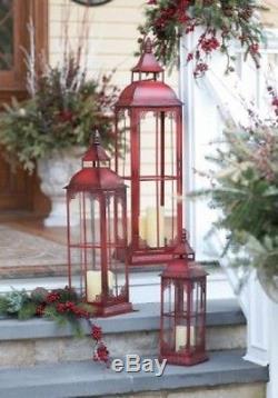 Melrose Set of 3 Old Red Antique Vintage Style Pillar Candle Holder Lanterns 37