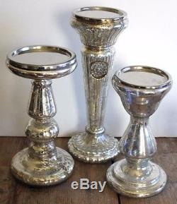 Mercury Glass Antiqued Silver Mirror Rhinestones Pillar Candle Holders Set 3 New
