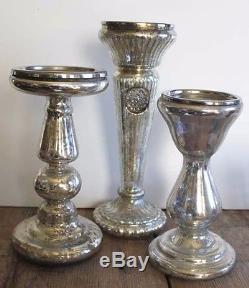 Mercury Glass Antiqued Silver Mirror Rhinestones Pillar Candle Holders Set 3 New