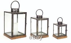 Metal Box Candle Lantern Clear Glass Panels Wood Base New 3 Pc Set 12 16 21