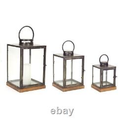 Metal Box Candle Lantern Clear Glass Panels Wood Base New 3 Pc Set 12 16 21
