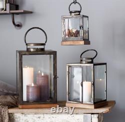 Metal Box Candle Lantern Clear Glass Panels Wood Base New 3 Pc Set 12 16 21