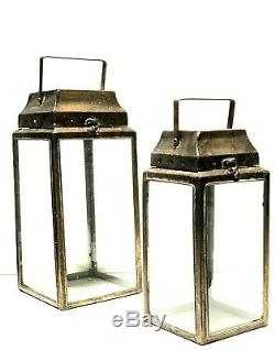 Metal Glass Lantern Candle Holder Patio Home Decor Set Of 2 Vintage Bronze Gold