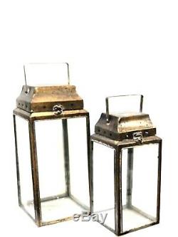 Metal Glass Lantern Candle Holder Patio Home Decor Set Of 2 Vintage Bronze Gold