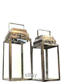 Metal Glass Lantern Candle Holder Patio Home Decor Set Of 2 Vintage Bronze Gold