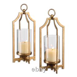 Metallic Gold Cage Lantern Candle Holders S/2 Transitional