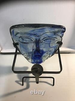 Mexican Handmade Bluish Glass Mask Candle Holder