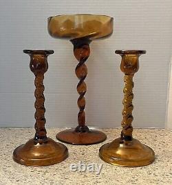 Mid Century Amber Glass Candle Holders Set Of 3