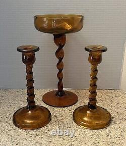 Mid Century Amber Glass Candle Holders Set Of 3