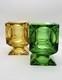 Mid Century Modern Green & Amber Art Glass Candle Holders Pair 7 Cube
