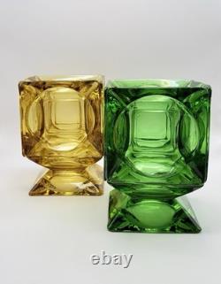 Mid Century Modern Green & Amber Art Glass Candle Holders Pair 7 Cube
