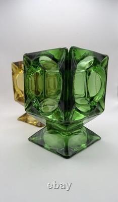 Mid Century Modern Green & Amber Art Glass Candle Holders Pair 7 Cube