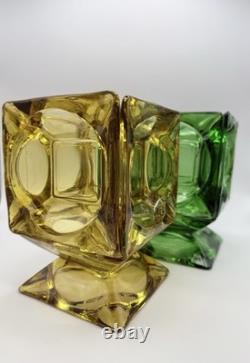 Mid Century Modern Green & Amber Art Glass Candle Holders Pair 7 Cube
