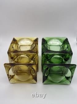 Mid Century Modern Green & Amber Art Glass Candle Holders Pair 7 Cube