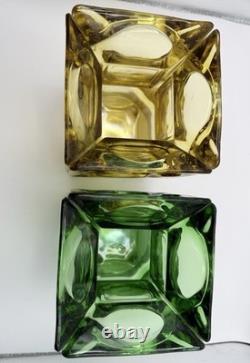 Mid Century Modern Green & Amber Art Glass Candle Holders Pair 7 Cube