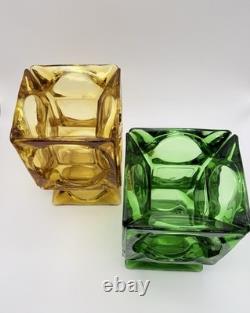 Mid Century Modern Green & Amber Art Glass Candle Holders Pair 7 Cube