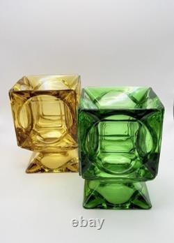 Mid Century Modern Green & Amber Art Glass Candle Holders Pair 7 Cube