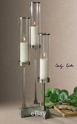 Modern Brushed Aluminum & Glass Candle Holder Large Contemporary Tabletop