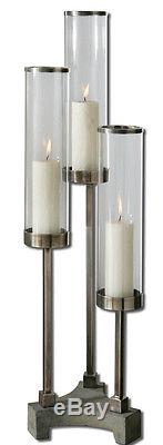 Modern Brushed Aluminum & Glass Candle Holder Large Contemporary Tabletop