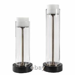 Modern Clear Glass Column Candle Holders, 2-Piece Set Pillar, Bronze Brass