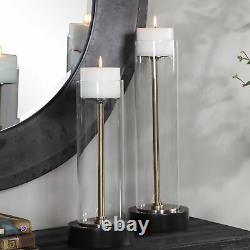 Modern Clear Glass Column Candle Holders, 2-Piece Set Pillar, Bronze Brass
