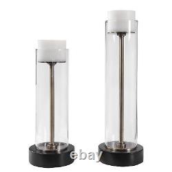 Modern Clear Glass Column Candle Holders Set 2 Pillar Minimalist Bronze Brass