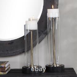 Modern Clear Glass Column Candle Holders Set 2 Pillar Minimalist Bronze Brass