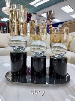 Modern Decorative Candle Holder Set-Black Base With Crystal Sphere & Glass