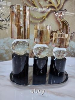 Modern Decorative Candle Holder Set-Black Base With Crystal Sphere & Glass